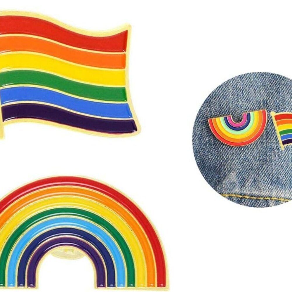 2 Pcs Rainbow Brooch Pins Gay Pride Flag Enamel Lapel Collar Shirt Dress Hat Sha